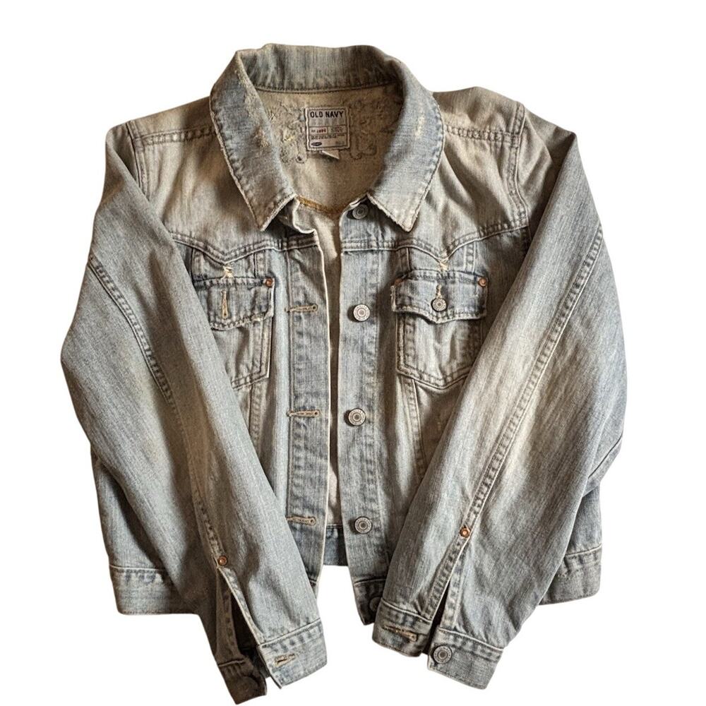 Old Navy Distressed Denim Jacket With Beaded Design XL